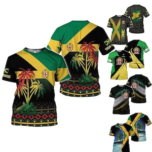 Jamaica Flag T-Shirt, Tropical Palm Tree Print, Custom Sleeve Name