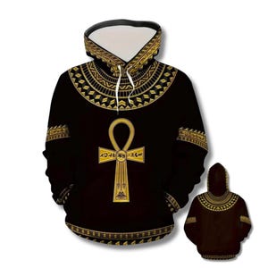 Ägyptischer Ankh Hoodie, Pharao Kragen, Gold Hieroglyphen Muster