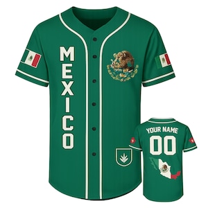 Custom Mexico Baseball Jersey – Personalized Name & Number, Green Flag Crest Map, Unisex Button Up