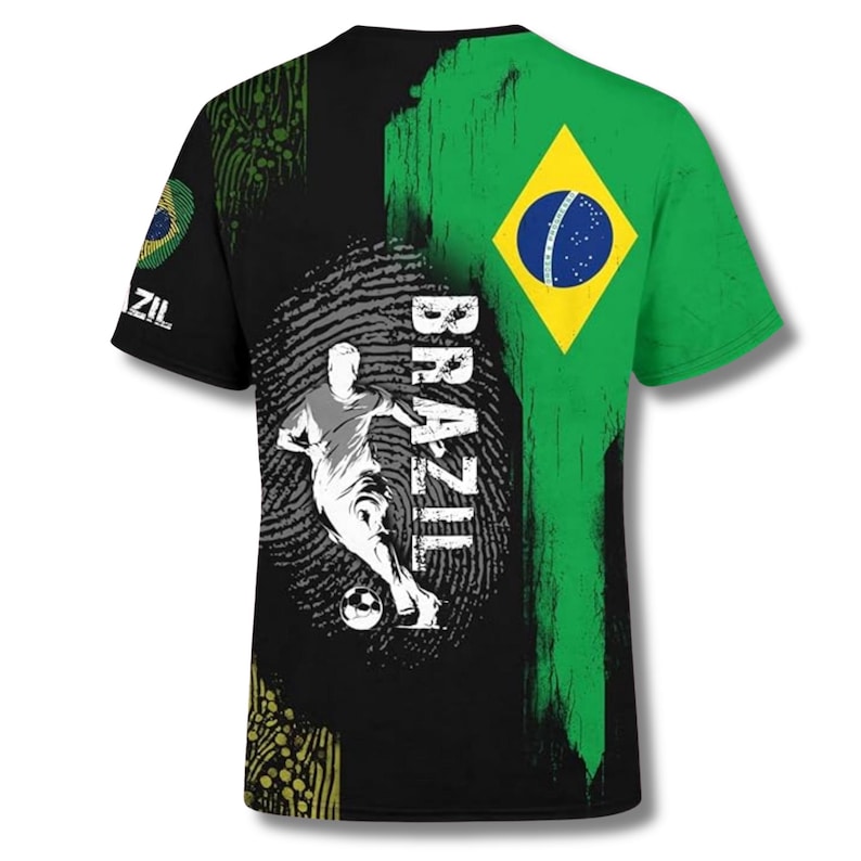 Brazil Soccer 3D All Over Print T Shirt, Brazilian Flag Futbol Fingerprint Graphic Tee, World Cup Fan Unisex Sublimation Gift for Men Women image 3