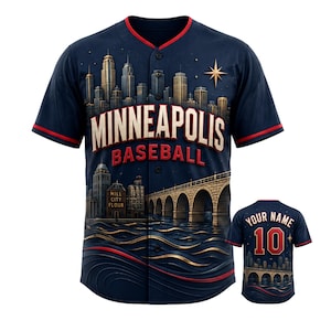 Camisa de beisebol 3D de Minneapolis, azul marinho e vermelha, com nome personalizado e botões.