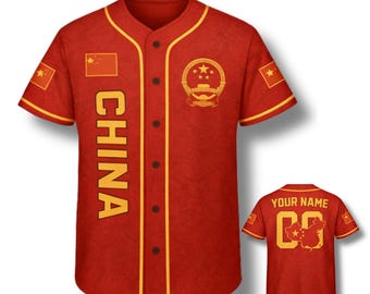 Koszulka baseballowa China na zamówienie – spersonalizowane imię i numer, mapa z herbem Red Flag, unisex, zapinana na guziki