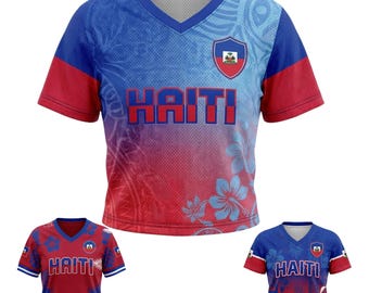 Koszulka piłkarska Haiti Women's z krótkim topem, koszulka piłkarska z siateczki 3D, koszulka kibica Haiti z krótkim topem na prezent dla kobiet