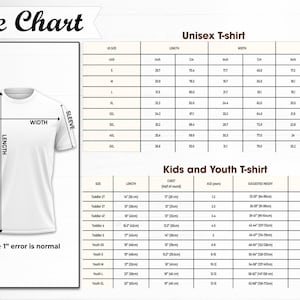 Może przedstawiać: Biała koszulka z wymiarami długości, szerokości i rękawa. Obraz zawiera tabelę rozmiar&oacute;w dla koszulek unisex i dziecięcych, z wymiarami w calach i centymetrach. Tekst brzmi "Size Chart."