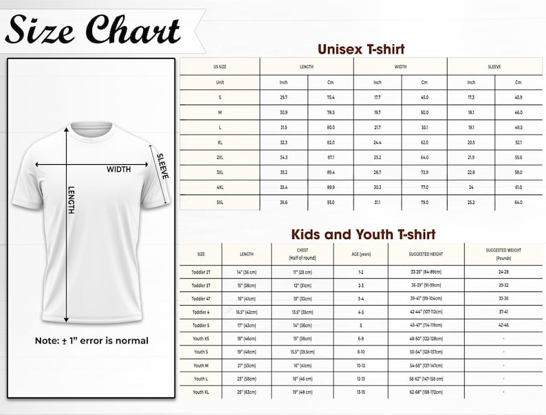 Może przedstawiać: Biała koszulka z wymiarami długości, szerokości i rękawa. Obraz zawiera tabelę rozmiar&oacute;w dla koszulek unisex i dziecięcych, z wymiarami w calach i centymetrach. Tekst brzmi "Size Chart."