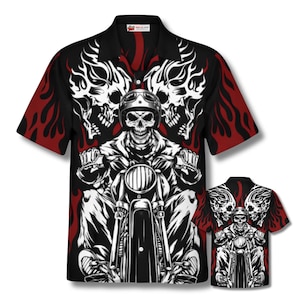 Camisa hawaiana de calavera motera con estampado de llamas, cuello hawaiano, unisex