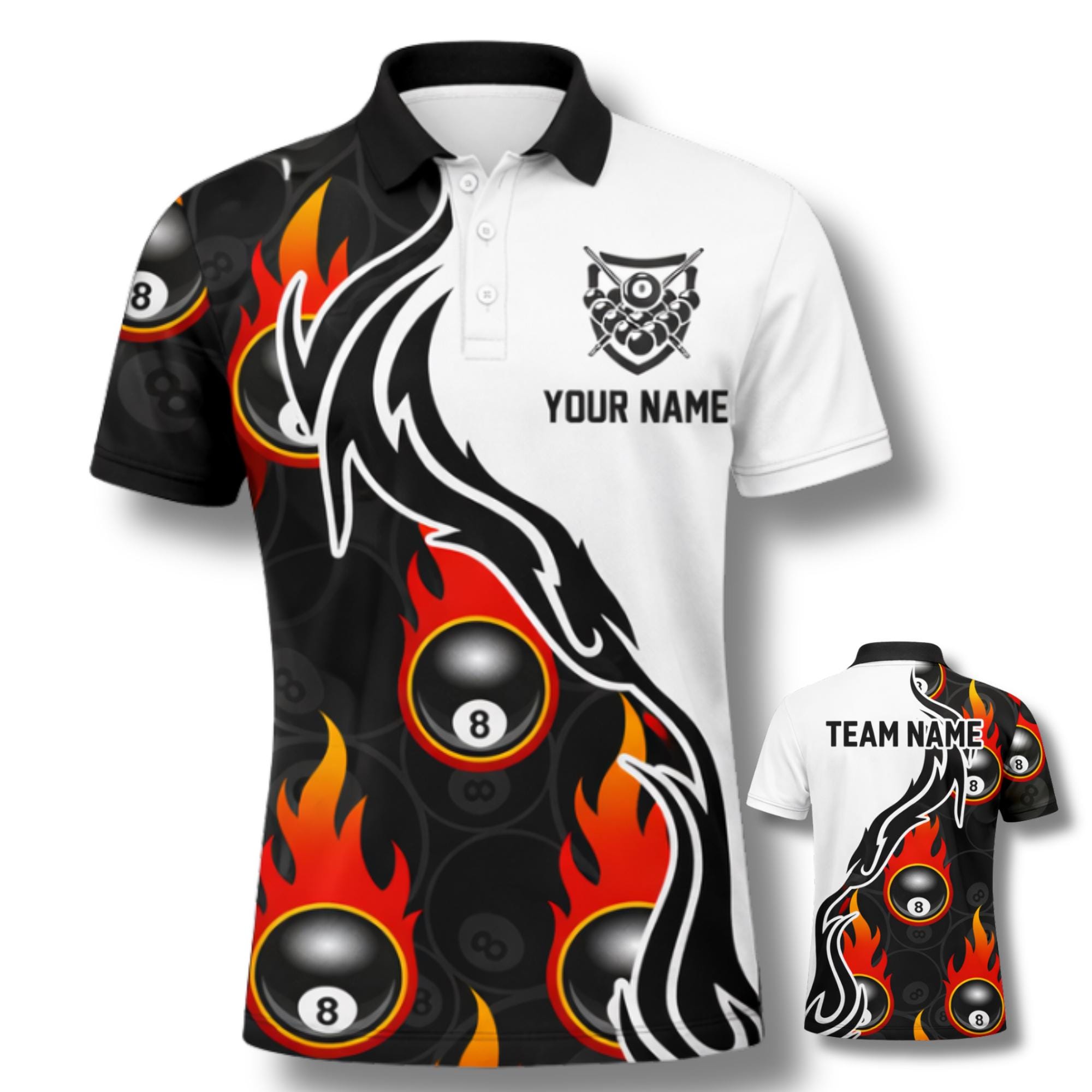 【新品完売品】TAION Jersey Polo CLUBHAUS custom Custom Billiards Polo Shirt, Flaming 8 Ball Design, Personalized