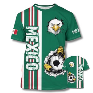 Mexico voetbal 3D all-over print T-shirt, adelaar klauw voetbal afbeelding, Mexicaanse vlag fan jersey stijl sublimatie uniseks tee cadeau voor hem