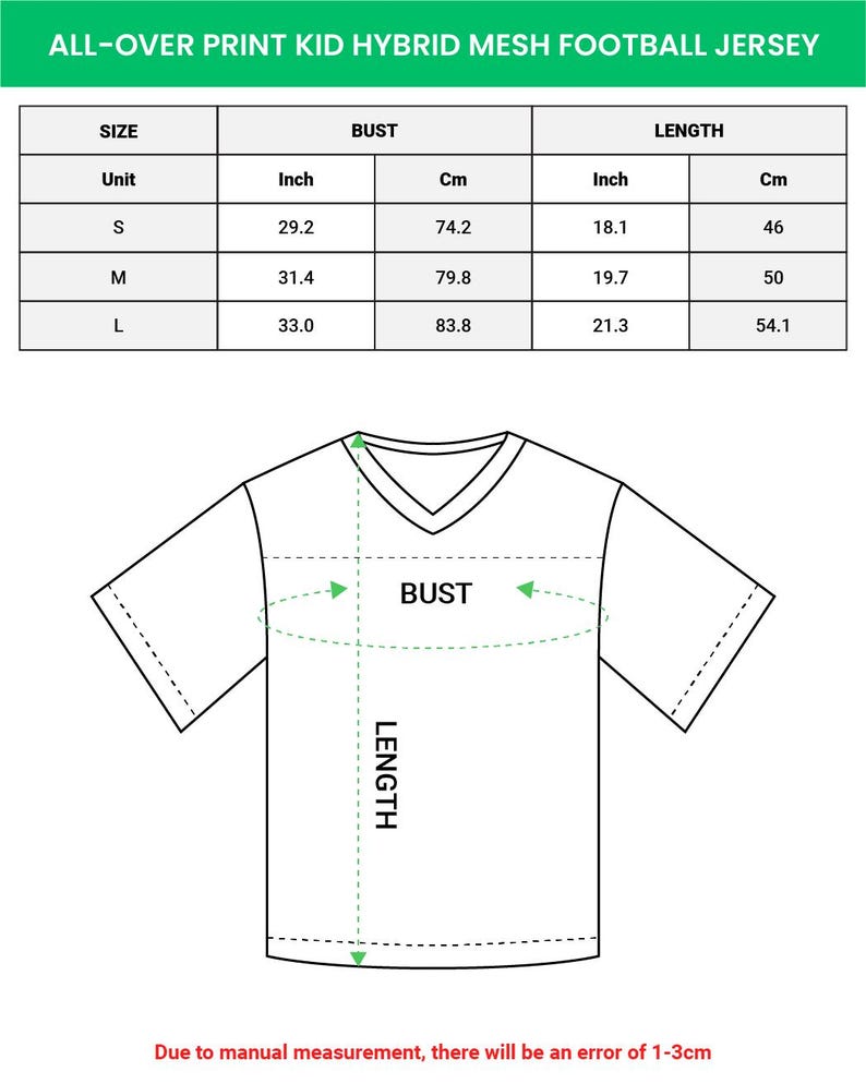 Puede incluir: Diagrama de una camiseta de f&uacute;tbol h&iacute;brida de malla para ni&ntilde;os con medidas de talla, busto y largo en pulgadas y cent&iacute;metros. Las tallas van desde la S (74,2 cm de busto, 46 cm de largo) hasta la L (83,8 cm de busto, 54,1 cm de largo).