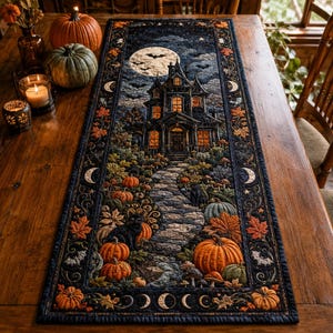 May include: A rectangular fabric table runner featuring a detailed Halloween scene with a haunted house, a full moon, bats, black cats, and orange pumpkins. The border displays a repeating pattern of crescent moons, stars, and autumn leaves.