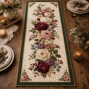 Puede incluir: Un camino de mesa acolchado rectangular con un centro de color crema que presenta un complejo patrón floral de peonías bordadas en tonos burdeos intenso, rosa suave, morado y blanco, bordeado por un ribete de tela verde oscuro.