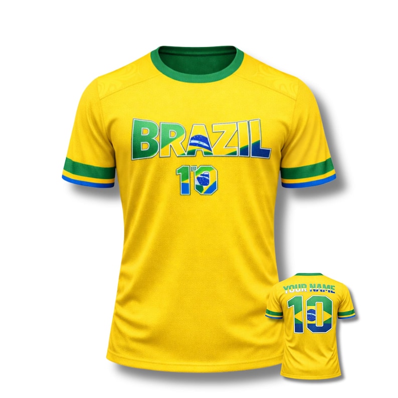 Może przedstawiać: Ż&oacute;łta koszulka piłkarska Brazylii z zielonymi i niebieskimi akcentami. Słowo "BRAZIL" jest na piersi w kolorze zielonym i niebieskim, z numerem "10" poniżej. Mniejsza wersja koszulki jest widoczna w prawym dolnym rogu.