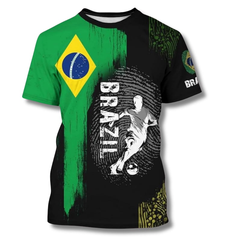 Brazil Soccer 3D All Over Print T Shirt, Brazilian Flag Futbol Fingerprint Graphic Tee, World Cup Fan Unisex Sublimation Gift for Men Women image 2