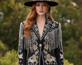 May include: A black blazer and matching flared trousers set featuring intricate gold and silver embroidery. The blazer has long beaded fringe on the shoulders and lapels. Both pieces are decorated with lion, palm tree, and floral motifs.