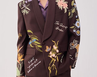 Men’s Chocolate Brown Floral Embroidered Suit – Luxury Botanical Designer Tuxedo.