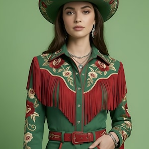 May include: Green cowboy hat and shirt with red fringe and floral embroidery. The outfit includes a matching belt and pants. The hat and shirt have gold accents. The overall look is a Western-inspired ensemble.