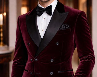 Blazer de esmoquin cruzado de terciopelo burdeos para hombre – Chaqueta formal con solapa de chal de satén negro