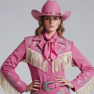 Puede incluir: Un sombrero de vaquero rosa y una chaqueta a juego con flecos y bordados florales. La chaqueta tiene un cinturón con hebilla plateada. El conjunto es una pieza audaz.