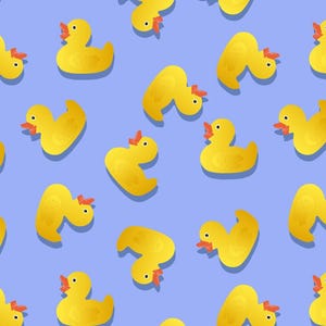 May include: A repeating pattern of yellow rubber duck illustrations on a light blue background. Each duck has a red beak and a small red crest. The ducks are in various poses, creating a playful design.