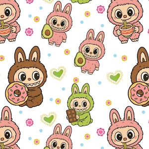 Stampa con motivo Kawaii Labubu, tessuto 100% cotone puro, acquistabile a mezzo metro, larghezza fissata a 43 pollici