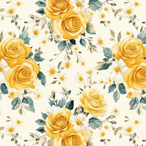 May include: A repeating watercolour floral pattern. It features large yellow roses, small white daisies, and green leaves on a cream background. Suitable for fabric or wallpaper.