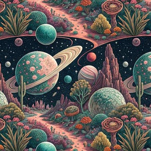 May include: A whimsical illustration of a fantasy landscape with planets, cacti, and winding paths. The color palette includes shades of pink, teal, and purple, creating a dreamy, otherworldly scene. The artwork features a starry night sky and unique plant life.