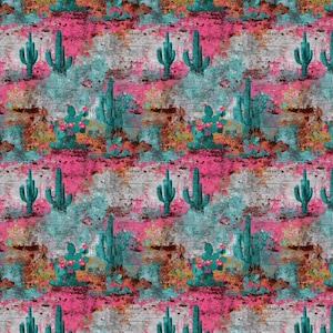 Puede incluir: Patrón repetitivo con cactus turquesa y flores rosas sobre un fondo de aspecto de madera envejecida. El diseño incorpora salpicaduras de turquesa, marrón y rosa, creando una estética suroeste vibrante.