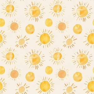 Puede incluir: Patrón de acuarela repetido con soles amarillos y naranjas con rayos sobre un fondo crema. Los soles varían en tamaño y detalle, creando un diseño alegre. Adecuado para tela, papel pintado u otras aplicaciones decorativas.