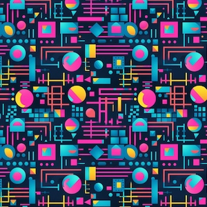 May include: A repeating abstract geometric pattern on a dark blue background. The design incorporates bright pink, yellow, teal, and orange shapes, including circles, squares, and lines. The overall aesthetic is retro-futuristic.