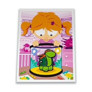 May include: A cartoon illustration of a girl looking into a glass jar with a green turtle inside. The turtle is wearing a green bandana with a letter "M" on it. The jar is on a table with crayons and drawings of turtles.