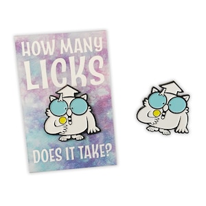 May include: A white owl wearing a graduation cap and holding a lollipop with the text "How many licks does it take?" on a card behind it.