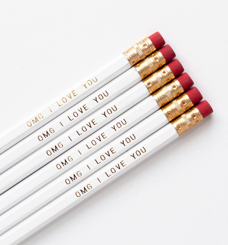 Gold Foil Imprinted Pencil Set OMG I Love You Set of 6 2 Hex Pencils White No