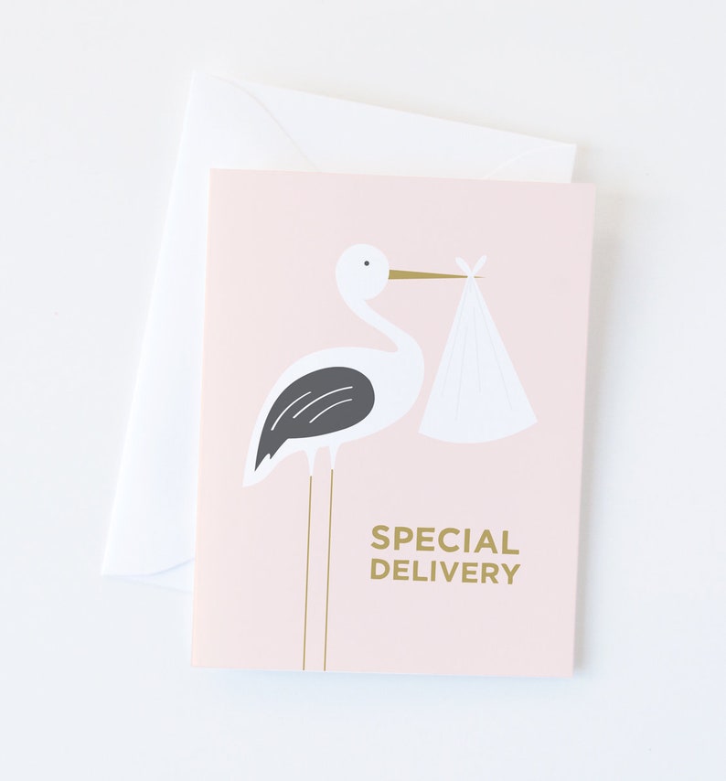 Pink Stork Special Delivery Greeting Card New Baby Card A2 Size White