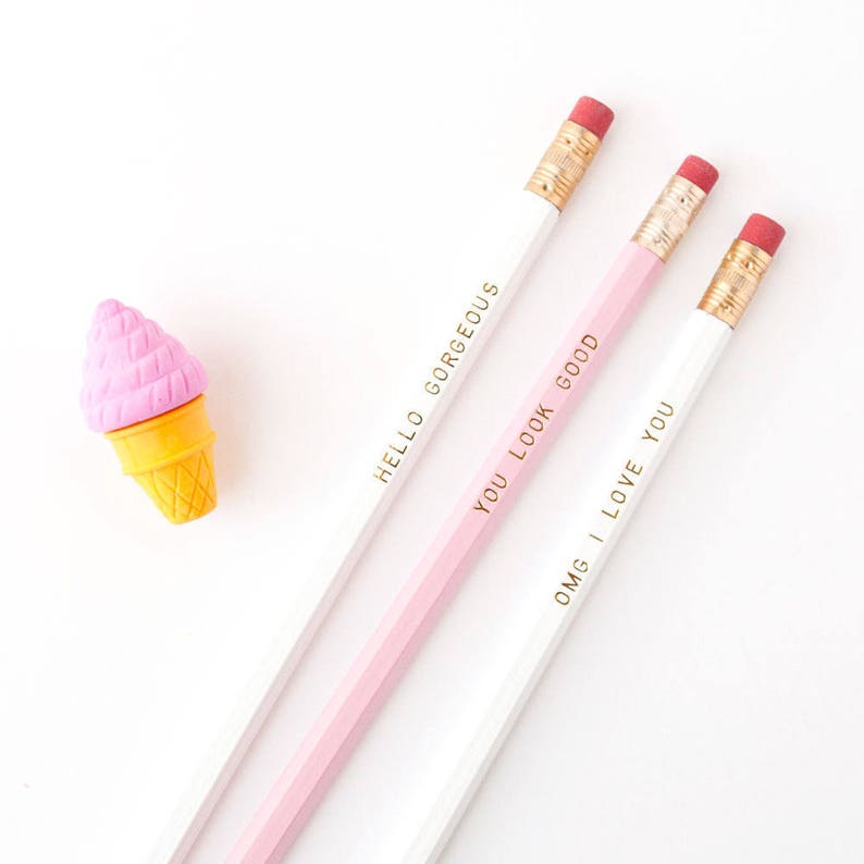 Gold Foil Imprinted Pencil Set OMG I Love You Set of 6 2 Hex Pencils White No