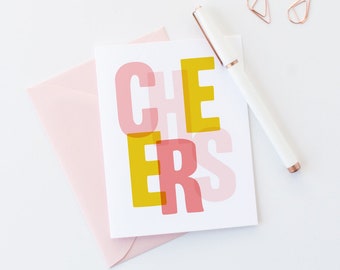 Cheers Greeting Card | Congratulations + Celebration | Modern, Minimal Wedding + Anniversary | Pink + Yellow