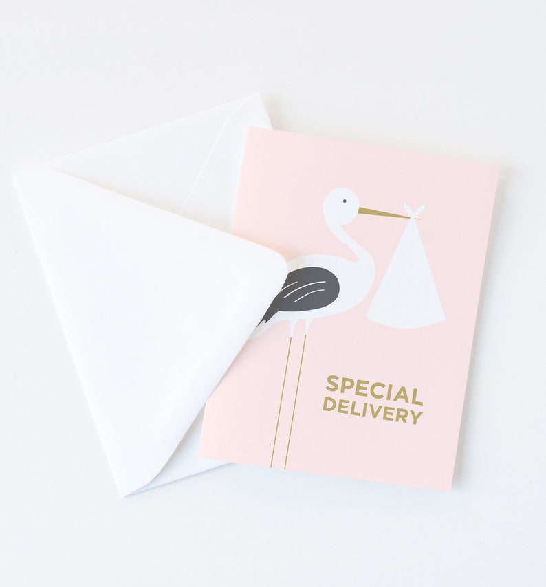 Pink Stork Special Delivery Greeting Card New Baby Card A2 Size White