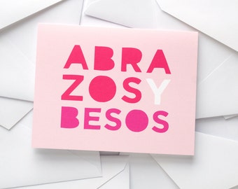 Valentine's Day Card | Abrazos y Besos Card | Spanish Greeting Card | Hugs + Kisses | Love + Friendship | Pink + Red