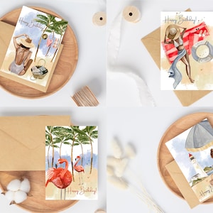 Paquete de tarjetas imprimibles de cumpleaños de verano / Tarjetas de feliz cumpleaños de playa tropical / PDF A6 y A4 / Descarga instantánea – Vacation Vibes