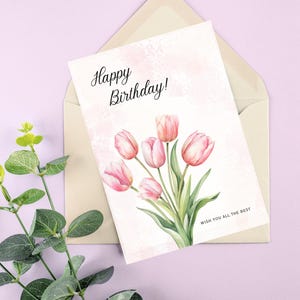 Cartão de aniversário para impressão com tulipas rosa I Formato A6 I Cartão de felicitações dobrável I Design Canva I Arquivo digital I Download instantâneo
