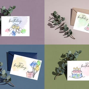Lot de 4 cartes Joyeux anniversaire | Cartes de joyeux anniversaire imprimables A4 + A6 | Gâteaux et ballons | Téléchargement instantané