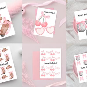 Lot de 6 cartes de joyeux anniversaire pliables | Cartes imprimables de joyeux anniversaire A6 | Cow-girl | Cerise | Discothèque | Téléchargement instantané