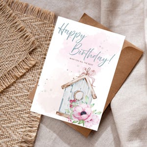 Cabane d'oiseau I Carte d'anniversaire à fleurs imprimable I Format A6 I Carte de voeux pliable I Toile design I Fichier numérique I Téléchargement immédiat