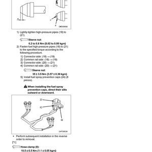 May include: Diagram of engine and cooling system disassembly and assembly instructions. Includes illustrations of high-pressure pipes, sleeve nuts, hose clamps, and mounting bolts with torque specifications in Newton-meters and kilogram-meters.