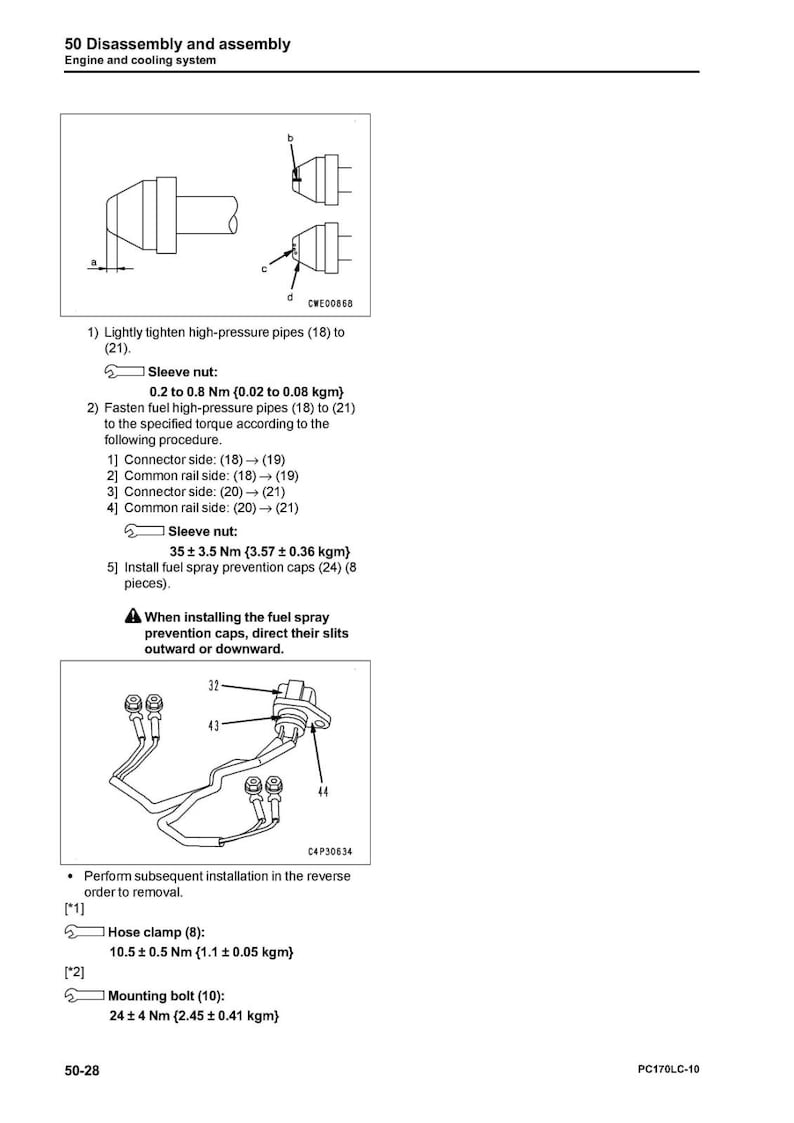 May include: Diagram of engine and cooling system disassembly and assembly instructions. Includes illustrations of high-pressure pipes, sleeve nuts, hose clamps, and mounting bolts with torque specifications in Newton-meters and kilogram-meters.