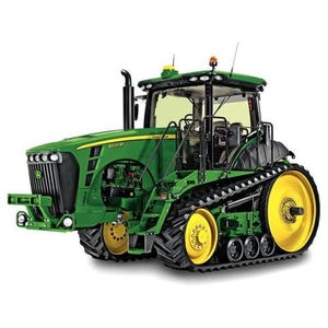 May include: A green John Deere 8320RT tractor with yellow wheels and tracks. The tractor has a cab with windows and lights on top. The front of the tractor has a grill and headlights.