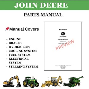 Könnte beinhalten: Ein John Deere Ersatzteilhandbuch-Cover mit dem Text "PARTS MANUAL" und "Manual Covers". Das Handbuch listet Motor, Bremsen, Hydraulik, Kühlsystem, Kraftstoffsystem, elektrisches System und Lenksystem auf. Das Bild zeigt auch eine Vorschau des 820 Scraper Ersatzteilkatalogs.