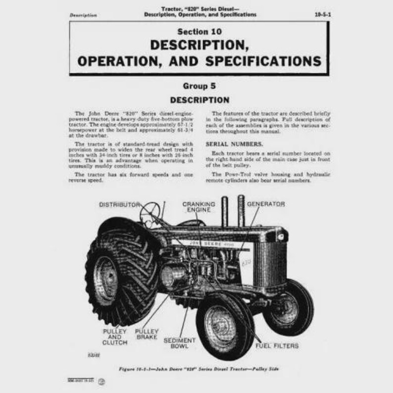 Może przedstawiać: Ilustracja ciągnika wysokoprężnego John Deere "820" Series, z etykietami wskazującymi na r&oacute;żne elementy, takie jak rozdzielacz, silnik rozruchowy i filtry paliwa. Obraz pochodzi z instrukcji.
