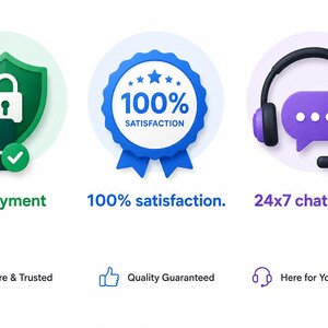May include: An illustration with three icons representing e-commerce features. The first shows a credit card and shield with the text "Safe payment". The second shows a badge with "100% satisfaction". The third shows a headset and chat bubble with "24x7 chat support".