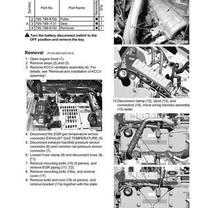 May include: Diagram of engine components with labels and instructions for injector assembly removal and installation. Includes part numbers, part names, and quantities for tools like a puller, gear, and remover. The image is from an engine and cooling system manual.