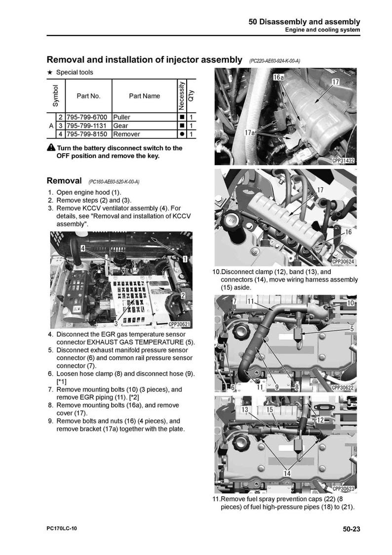 May include: Diagram of engine components with labels and instructions for injector assembly removal and installation. Includes part numbers, part names, and quantities for tools like a puller, gear, and remover. The image is from an engine and cooling system manual.